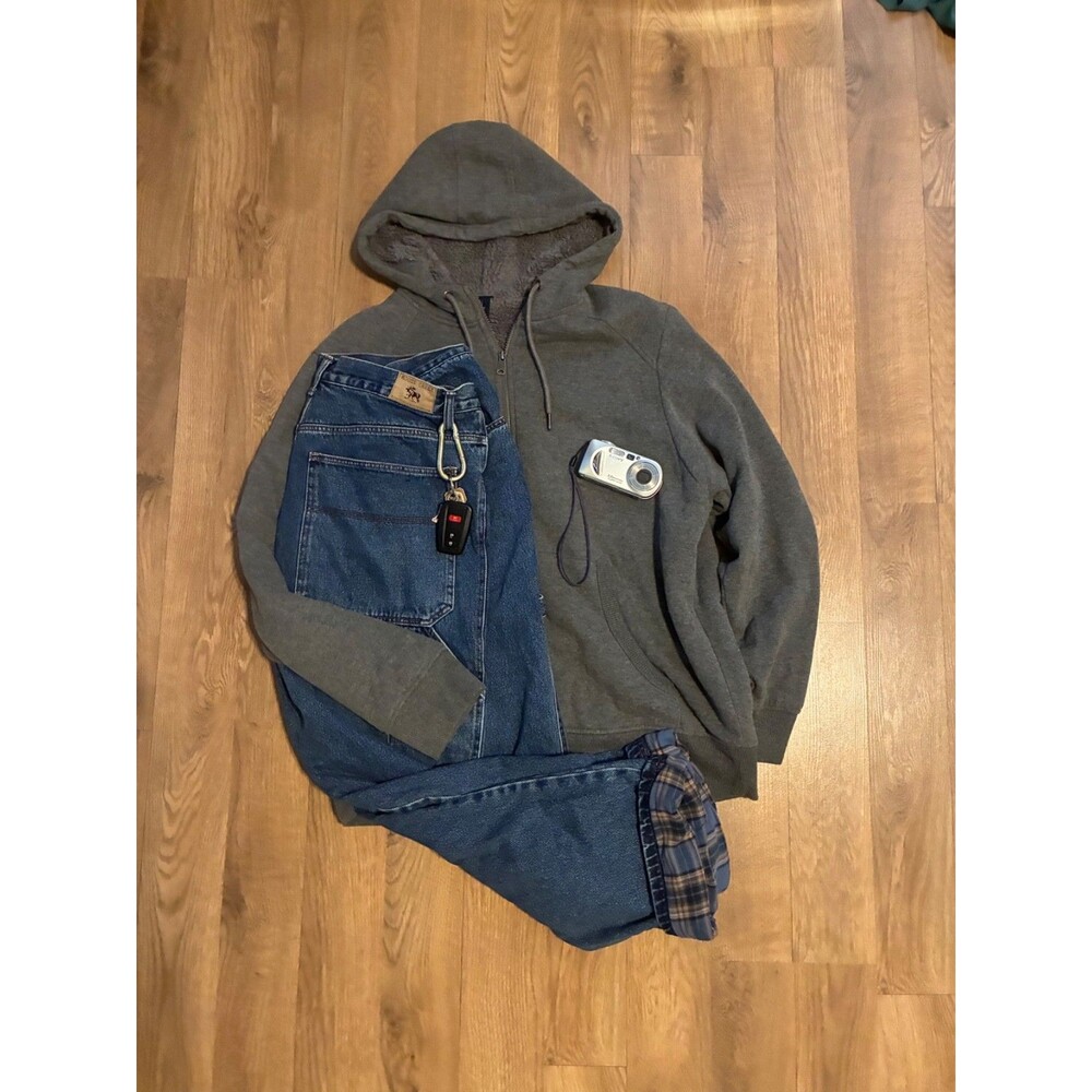 George Mens XL Dark Charcoal Grey Sherpa Lined Full Zip Hooded Sweatshirt